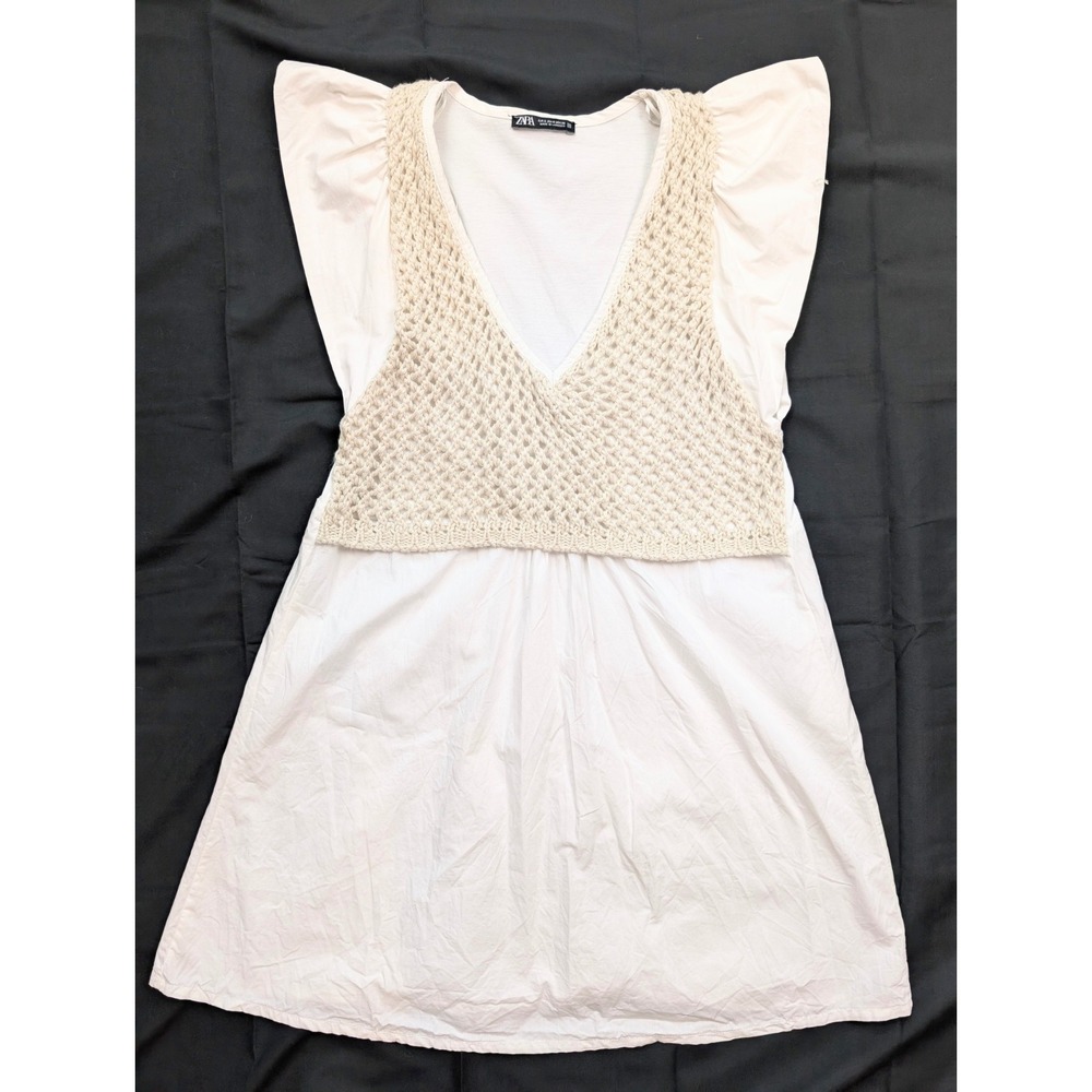 Zara White & Beige Open Crochet Faux Vest Tunic Dress Women's Size Small